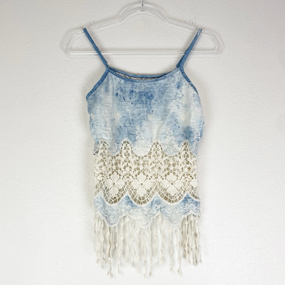 Say What Tank Top Medium Boho Fringe Festival Coastal Cowgirl Indie Tie Dye Lace